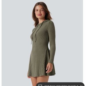 NWT Halara Olive Green Ribbed Knit Hooded Dress